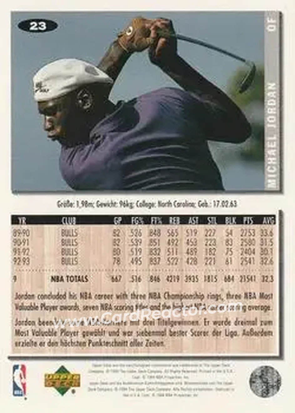 1994-95 Collector's Choice German #23 - Michael Jordan - Birmingham Barons - Back 1994-95 Collector's Choice German #23 - Michael Jordan - Birmingham Barons - Back