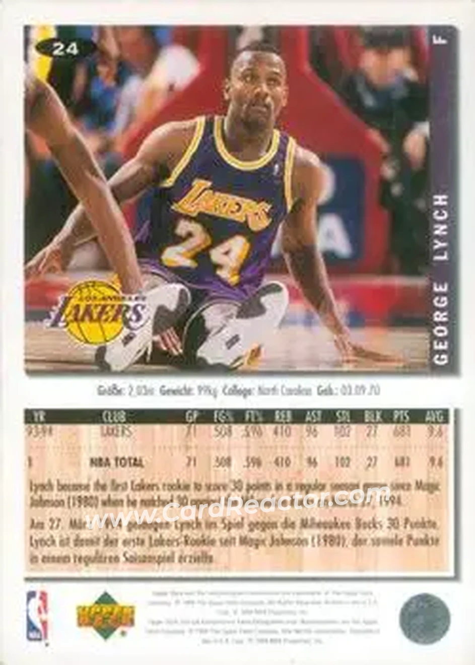 1994-95 Collector's Choice German #24 - George Lynch - Los Angeles Lakers - Back