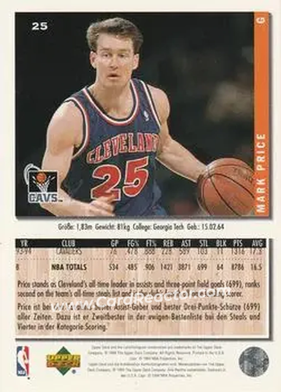 1994-95 Collector's Choice German #25 - Mark Price - Cleveland Cavaliers - Back 1994-95 Collector's Choice German #25 - Mark Price - Cleveland Cavaliers - Back