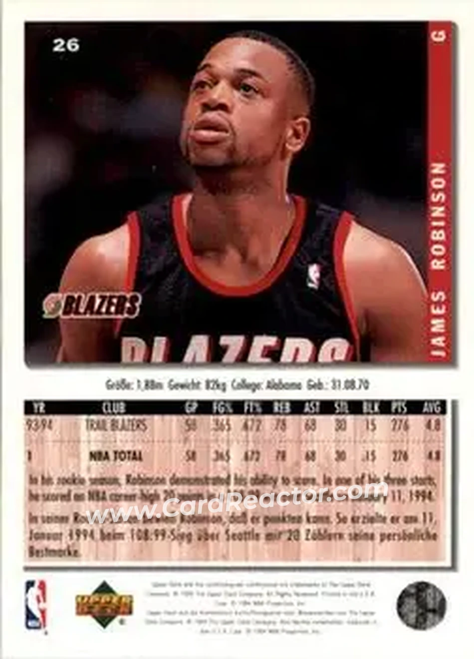 1994-95 Collector's Choice German #26 - James Robinson - Portland Trail Blazers - Back 1994-95 Collector's Choice German #26 - James Robinson - Portland Trail Blazers - Back