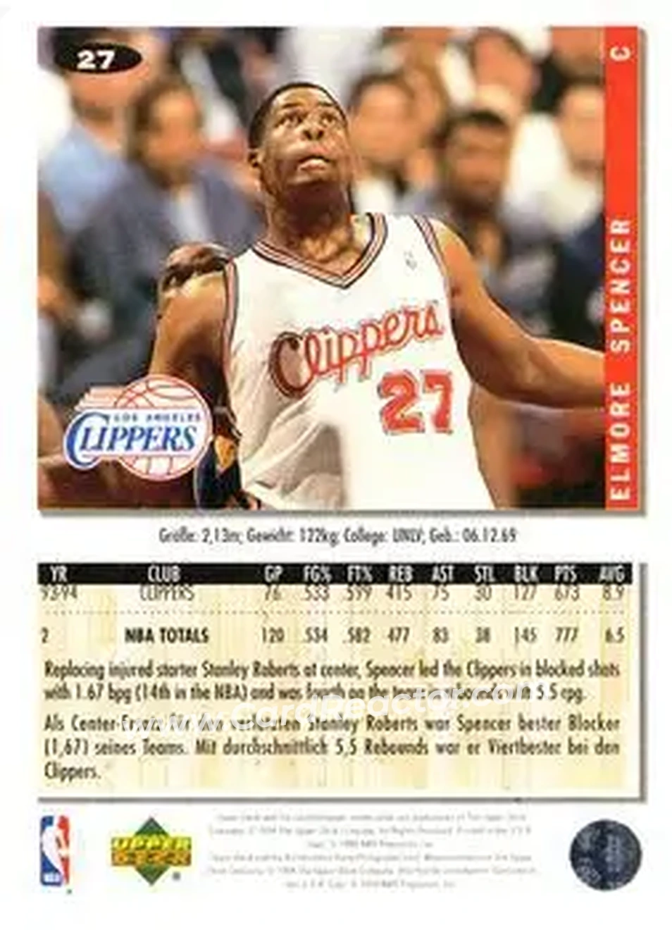 1994-95 Collector's Choice German #27 - Elmore Spencer - Los Angeles Clippers - Back