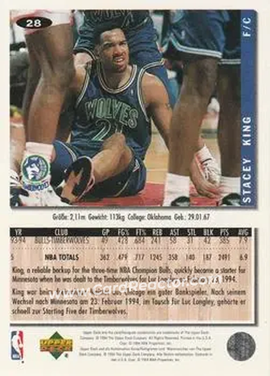 1994-95 Collector's Choice German #28 - Stacey King - Minnesota Timberwolves - Back