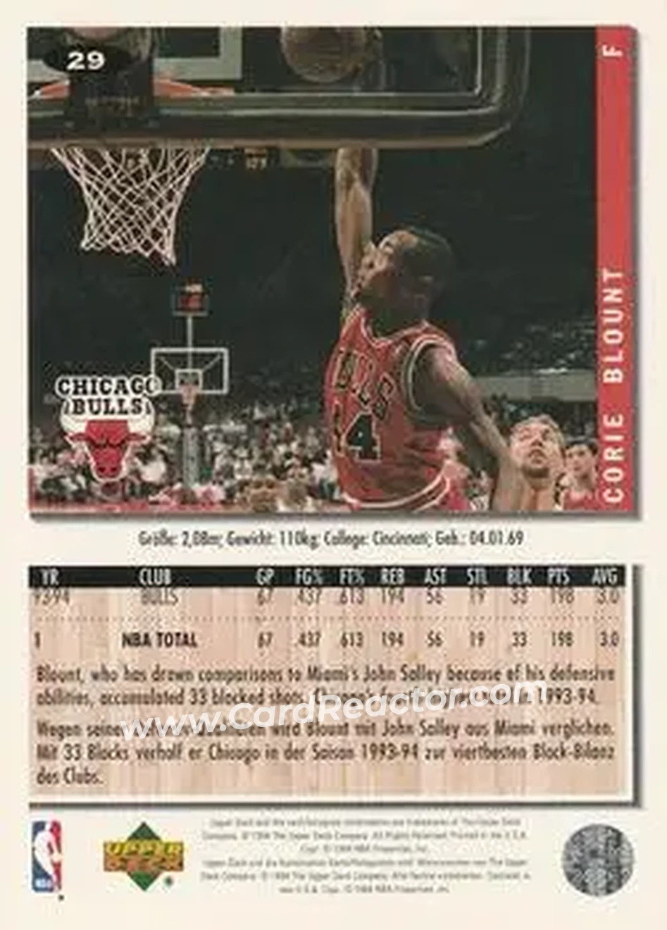 1994-95 Collector's Choice German #29 - Corie Blount - Chicago Bulls - Back 1994-95 Collector's Choice German #29 - Corie Blount - Chicago Bulls - Back