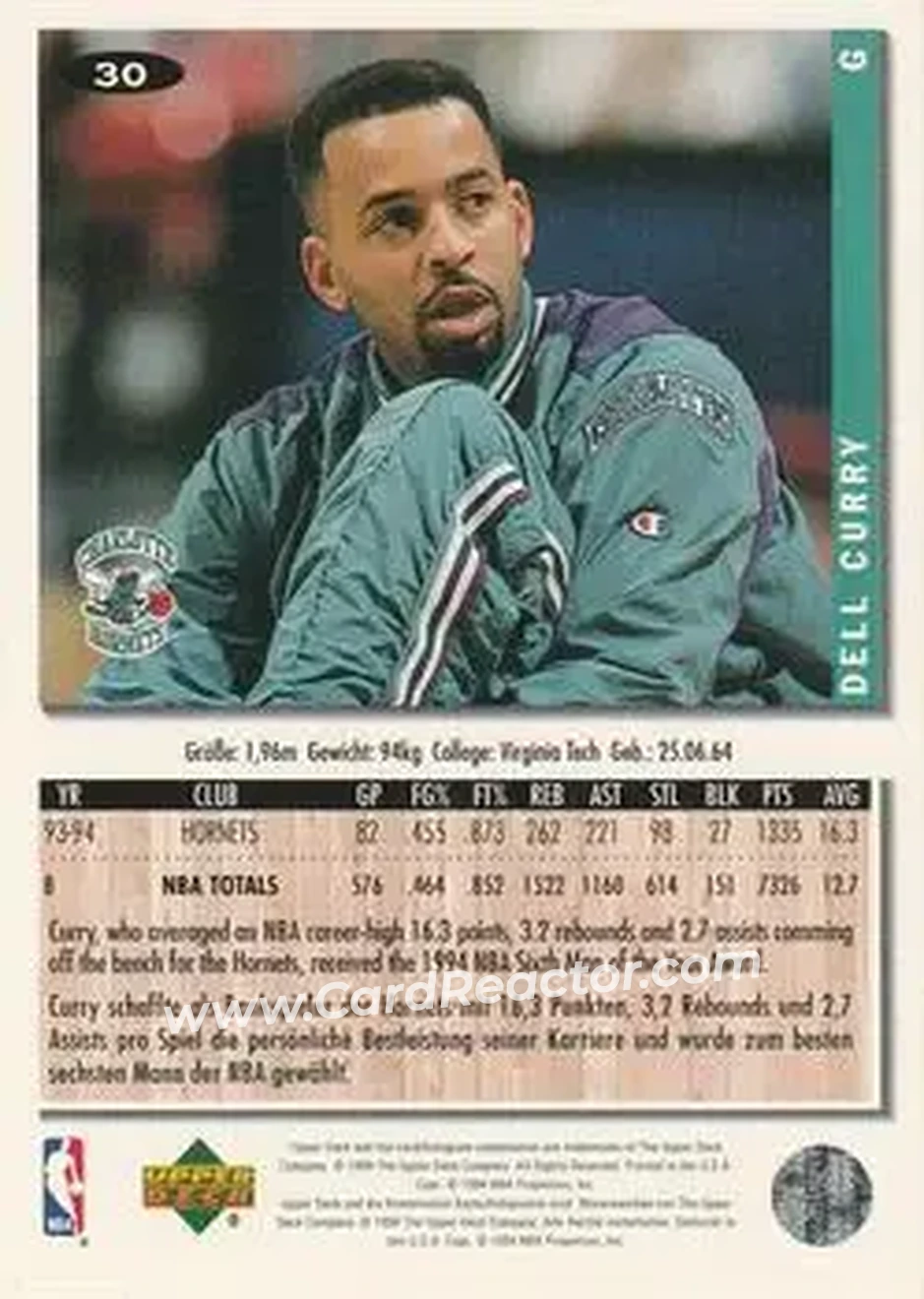 1994-95 Collector's Choice German #30 - Dell Curry - Charlotte Hornets - Back