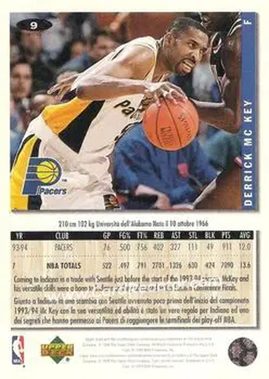 1994-95 Collector's Choice Italian #9 - Derrick McKey - Indiana Pacers - Back 1994-95 Collector's Choice Italian #9 - Derrick McKey - Indiana Pacers - Back