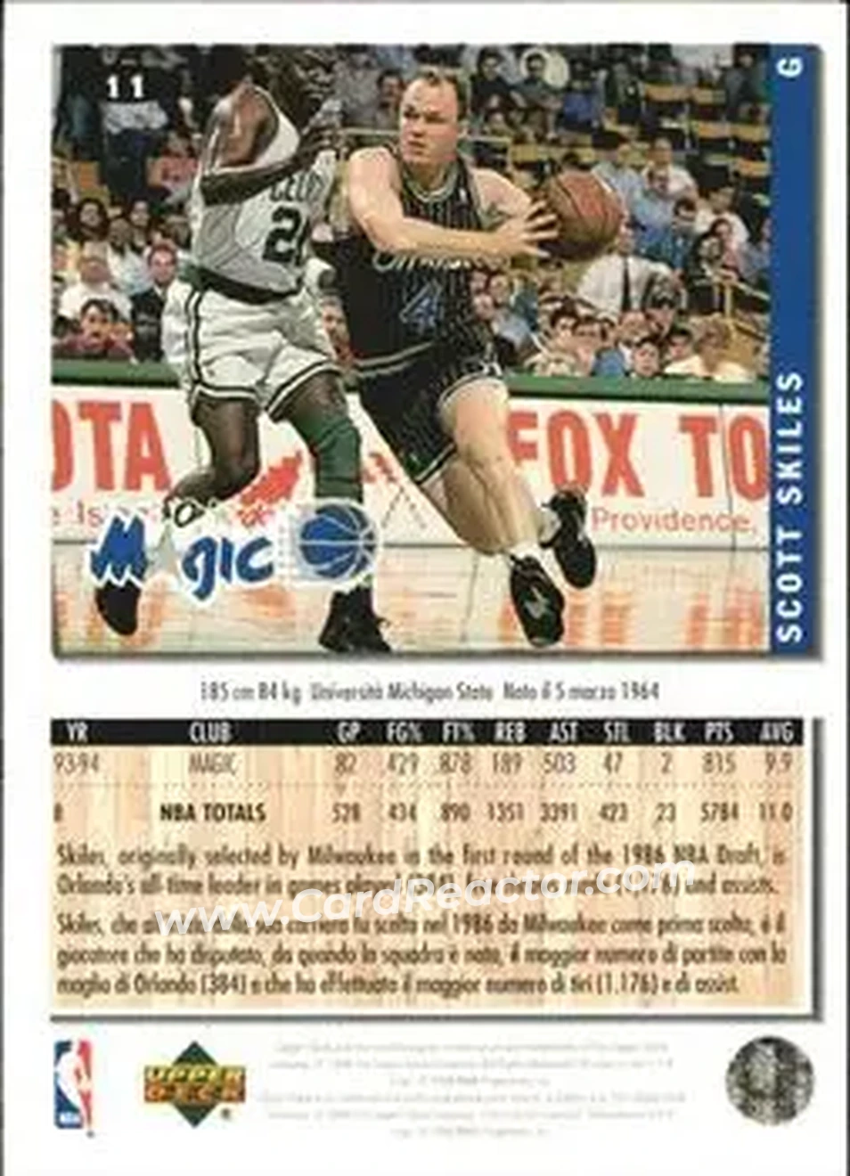 1994-95 Collector's Choice Italian #11 - Scott Skiles - Orlando Magic - Back 1994-95 Collector's Choice Italian #11 - Scott Skiles - Orlando Magic - Back