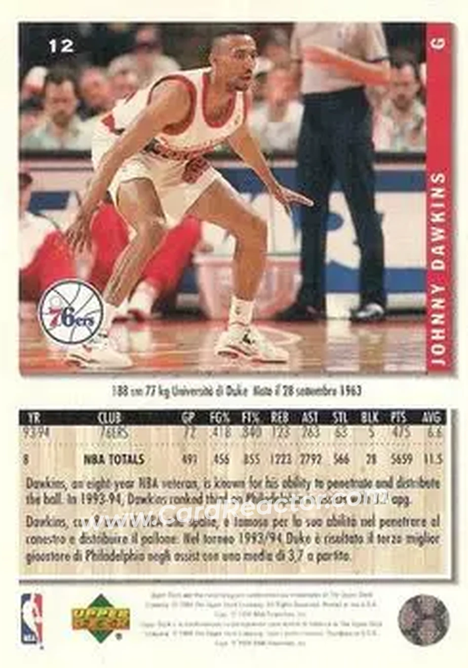 1994-95 Collector's Choice Italian #12 - Johnny Dawkins - Philadelphia 76ers - Back