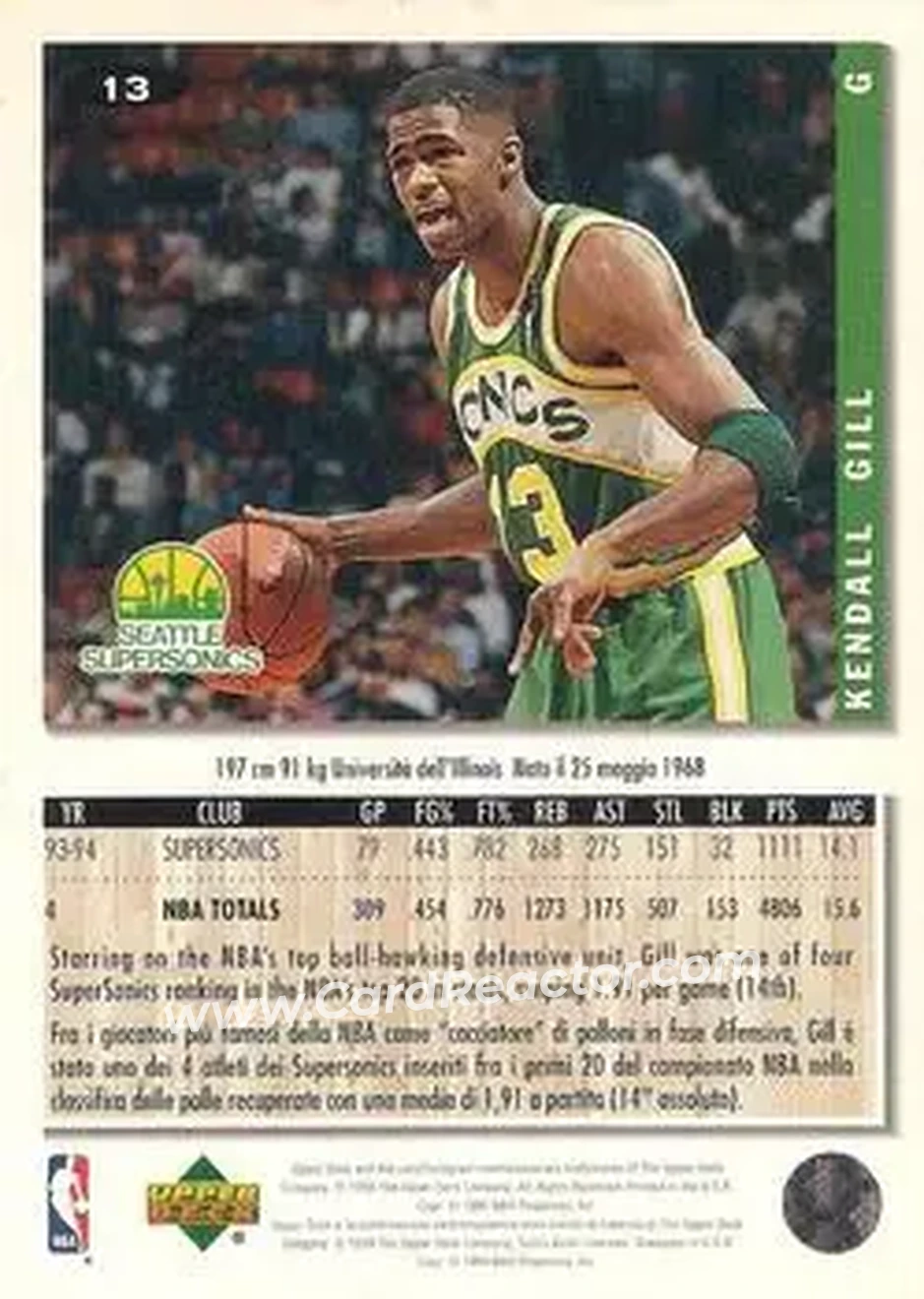 1994-95 Collector's Choice Italian #13 - Kendall Gill - Seattle SuperSonics - Back