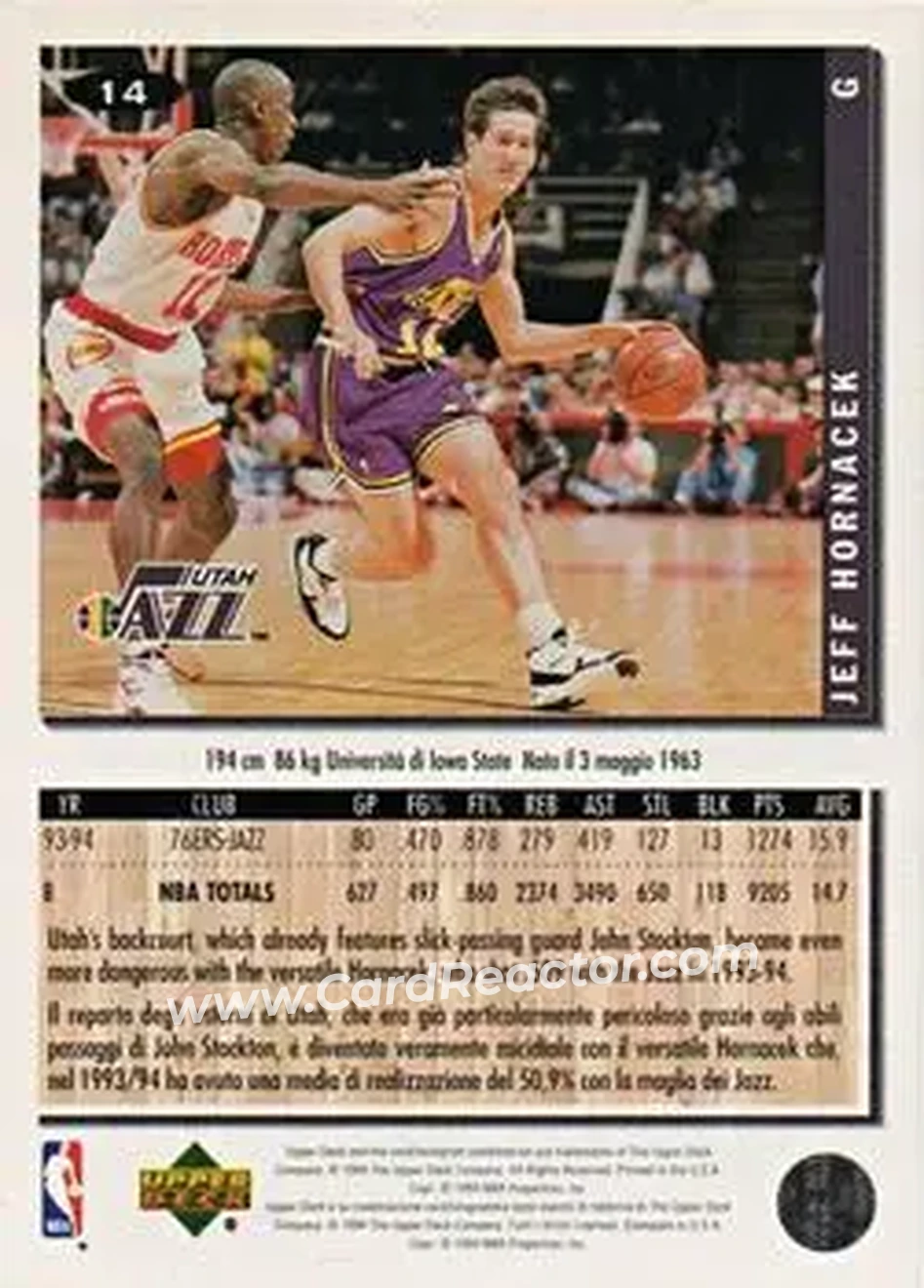 1994-95 Collector's Choice Italian #14 - Jeff Hornacek - Utah Jazz - Back