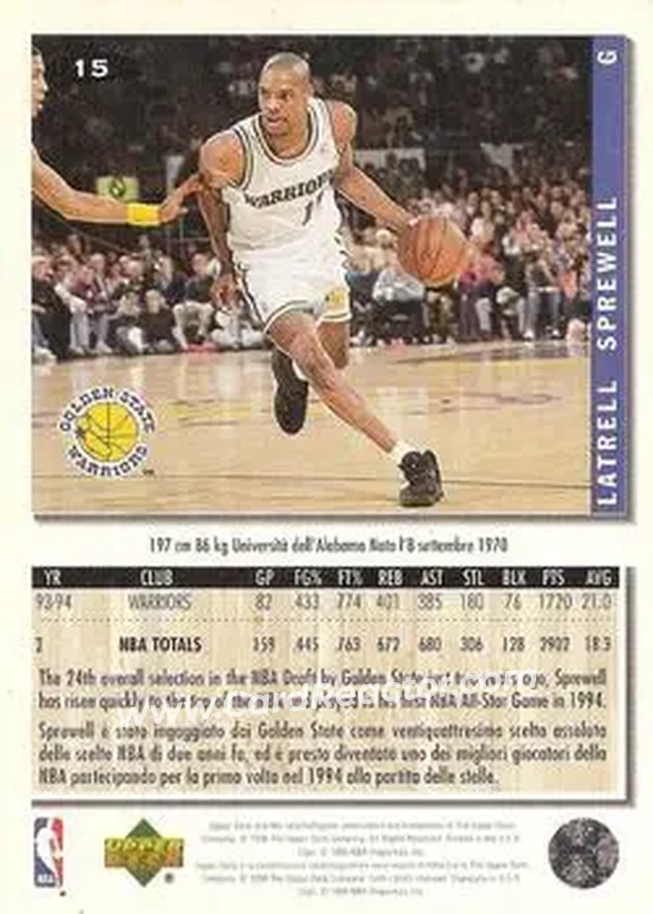 1994-95 Collector's Choice Italian #15 - Latrell Sprewell - Golden State Warriors - Back 1994-95 Collector's Choice Italian #15 - Latrell Sprewell - Golden State Warriors - Back