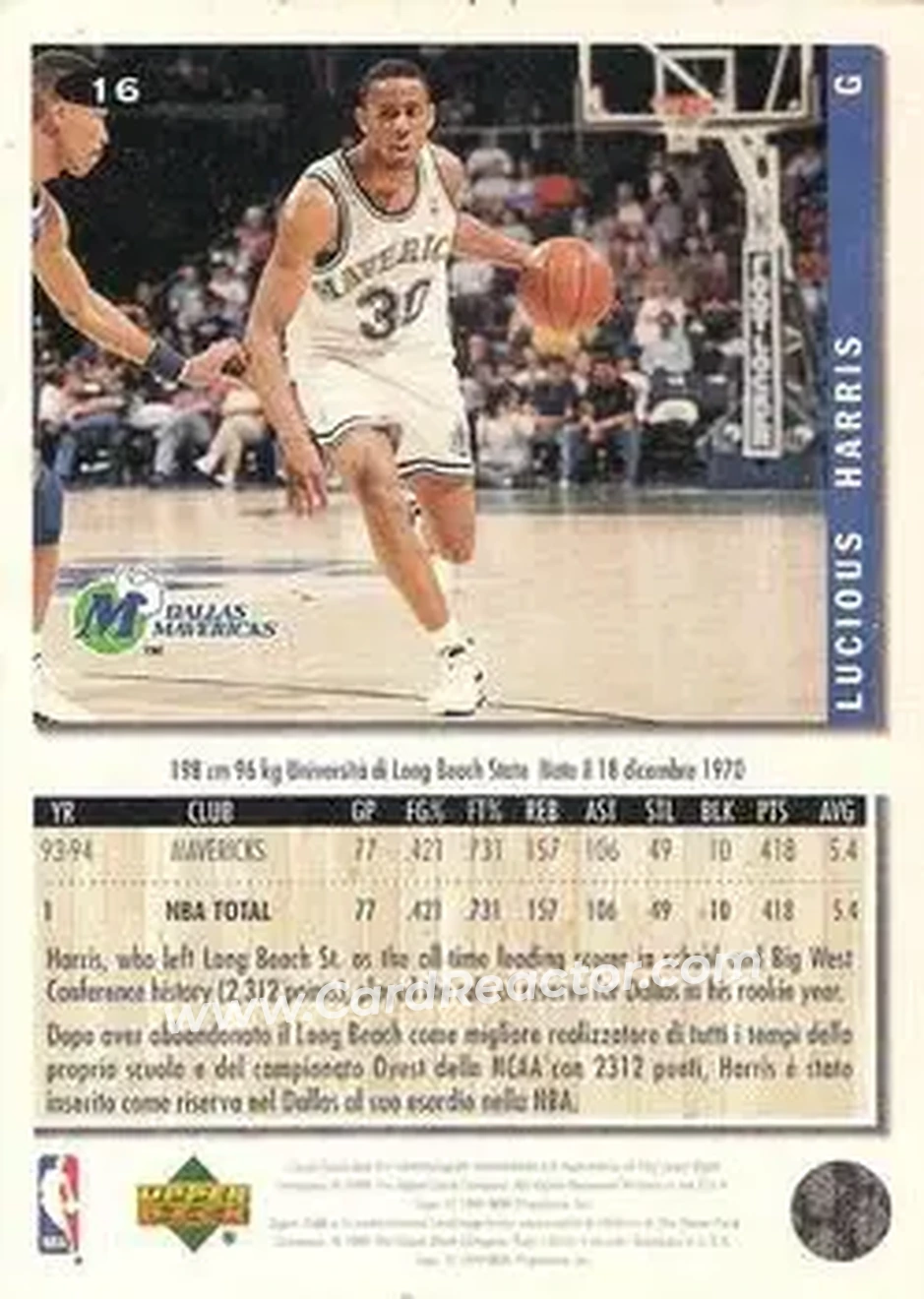 1994-95 Collector's Choice Italian #16 - Lucious Harris - Dallas Mavericks - Back 1994-95 Collector's Choice Italian #16 - Lucious Harris - Dallas Mavericks - Back