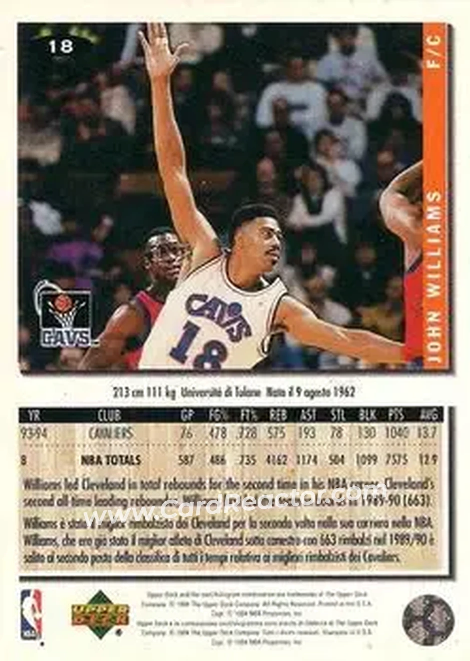 1994-95 Collector's Choice Italian #18 - John Williams - Cleveland Cavaliers - Back