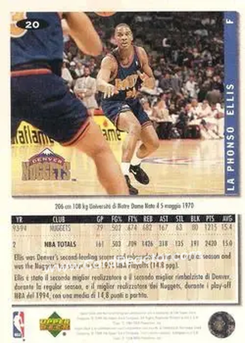 1994-95 Collector's Choice Italian #20 - LaPhonso Ellis - Denver Nuggets - Back