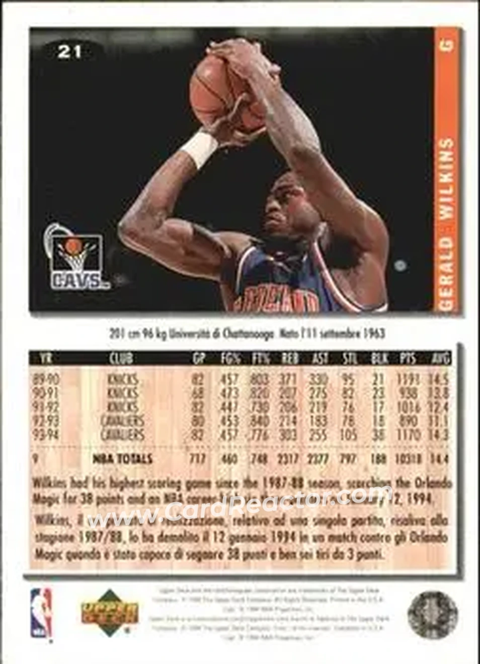 1994-95 Collector's Choice Italian #21 - Gerald Wilkins - Cleveland Cavaliers - Back 1994-95 Collector's Choice Italian #21 - Gerald Wilkins - Cleveland Cavaliers - Back
