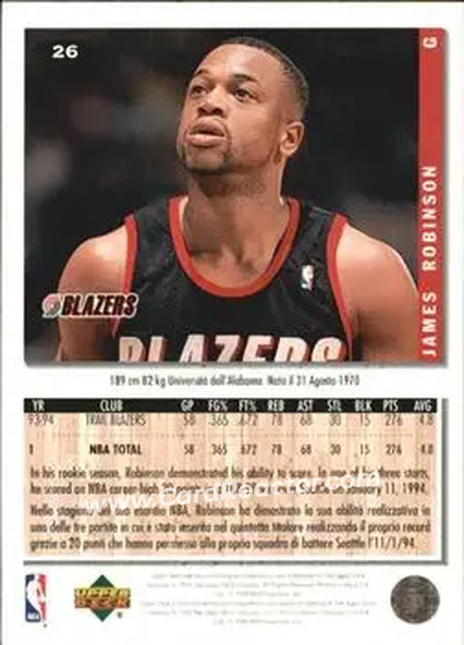 1994-95 Collector's Choice Italian #26 - James Robinson - Portland Trail Blazers - Back