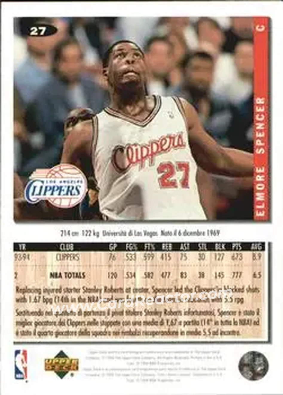 1994-95 Collector's Choice Italian #27 - Elmore Spencer - Los Angeles Clippers - Back 1994-95 Collector's Choice Italian #27 - Elmore Spencer - Los Angeles Clippers - Back