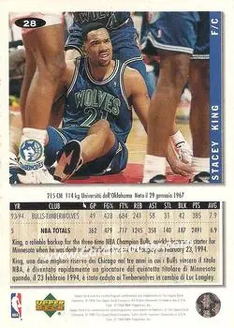 1994-95 Collector's Choice Italian #28 - Stacey King - Minnesota Timberwolves - Back