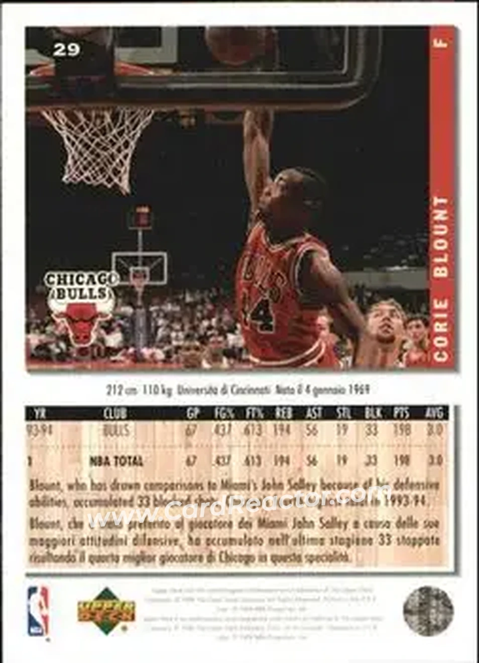 1994-95 Collector's Choice Italian #29 - Corie Blount - Chicago Bulls - Back 1994-95 Collector's Choice Italian #29 - Corie Blount - Chicago Bulls - Back