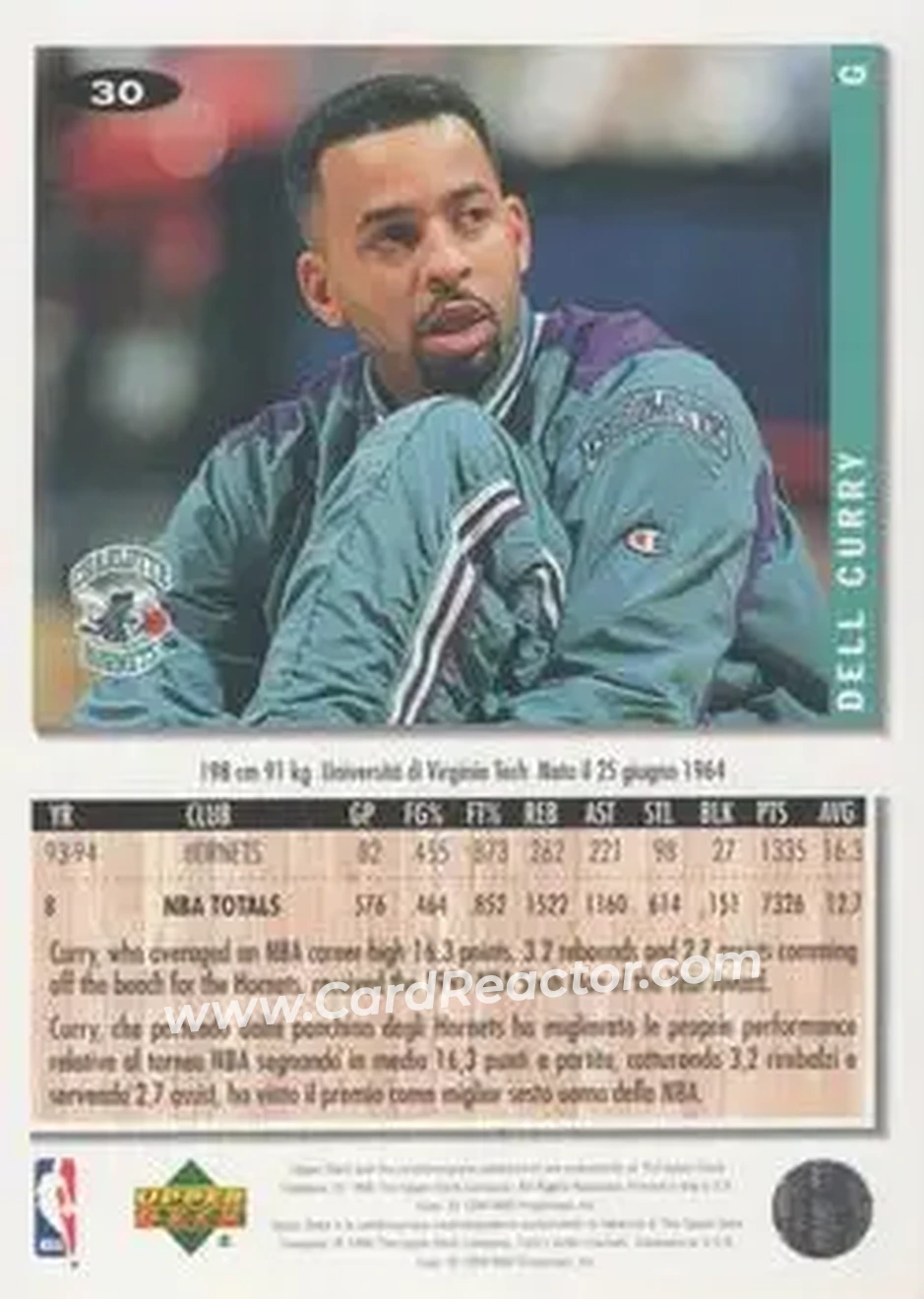 1994-95 Collector's Choice Italian #30 - Dell Curry - Charlotte Hornets - Back 1994-95 Collector's Choice Italian #30 - Dell Curry - Charlotte Hornets - Back