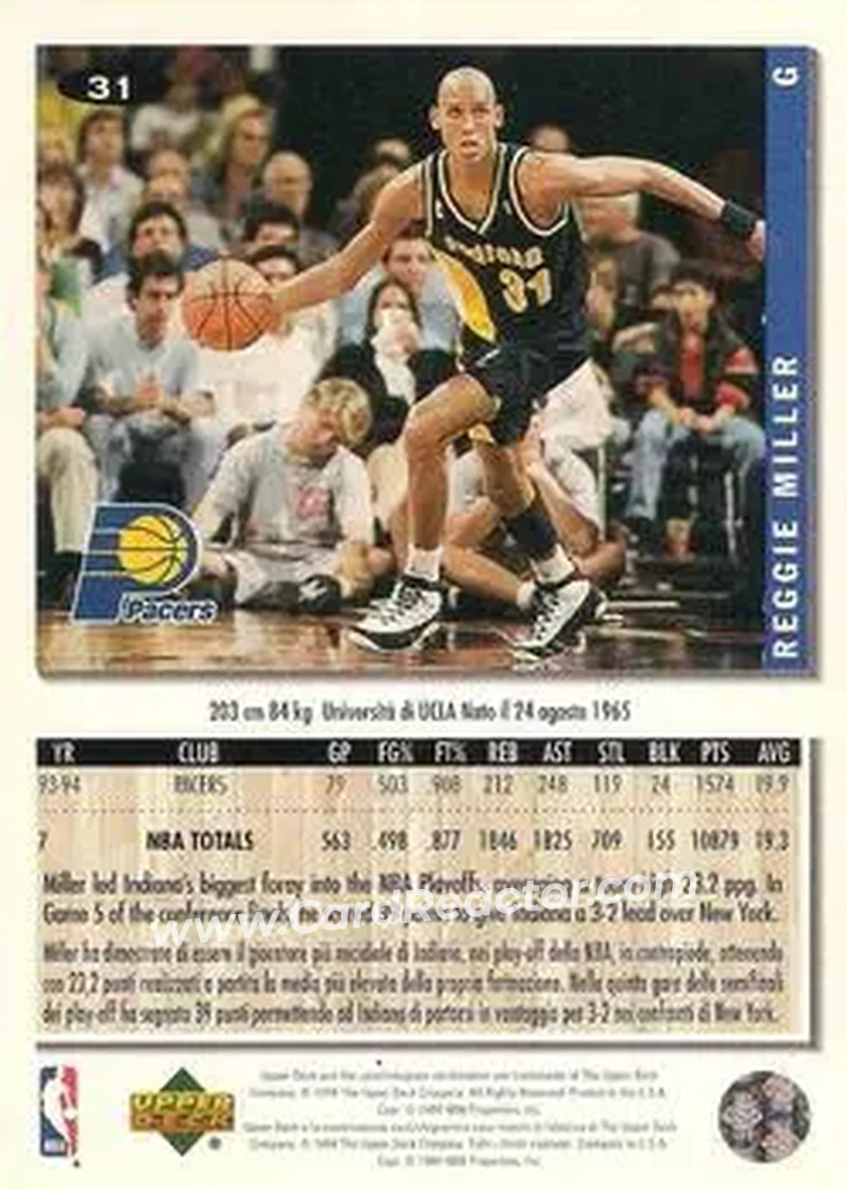 1994-95 Collector's Choice Italian #31 - Reggie Miller - Indiana Pacers - Back