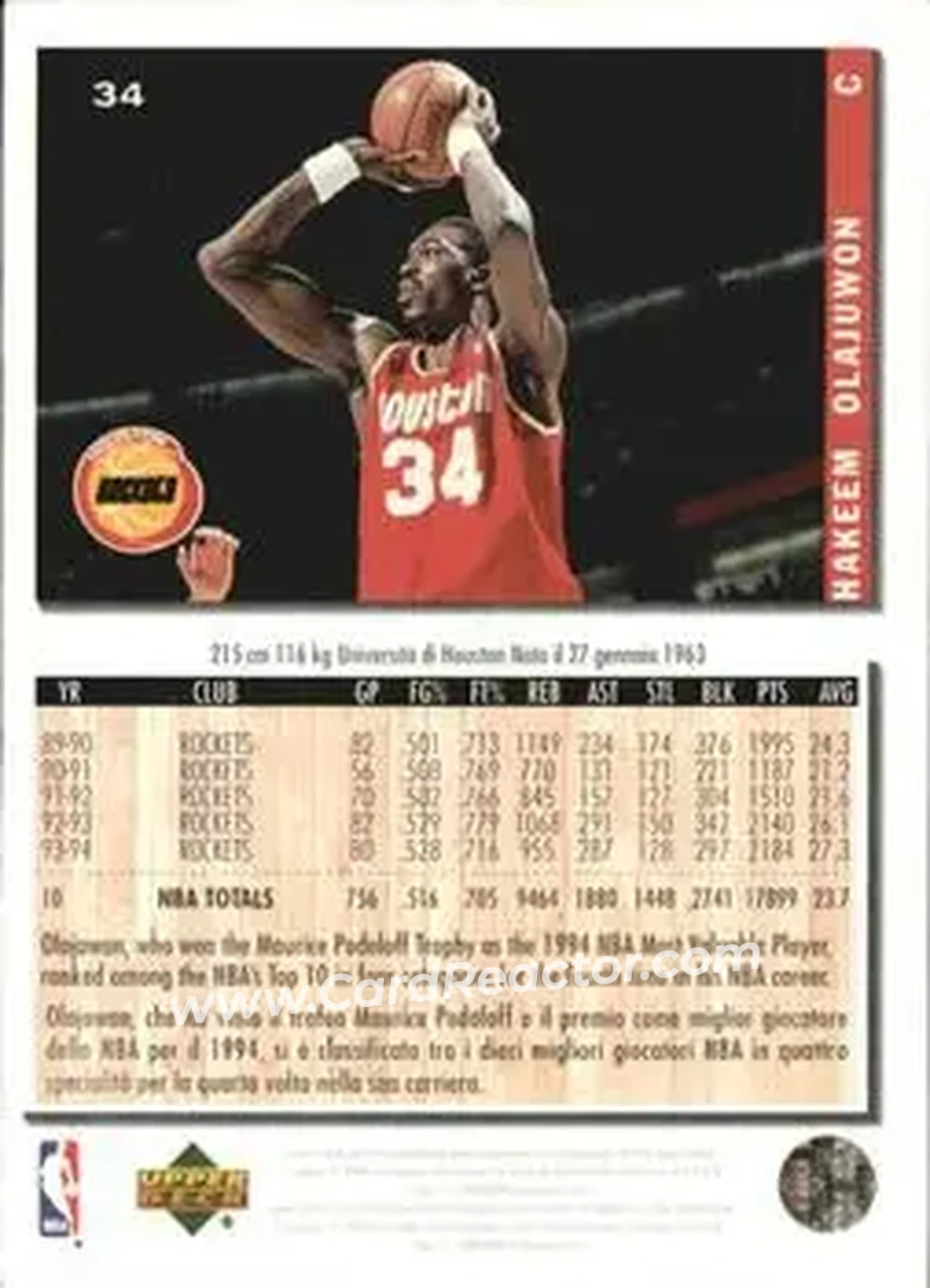1994-95 Collector's Choice Italian #34 - Hakeem Olajuwon - Houston Rockets - Back