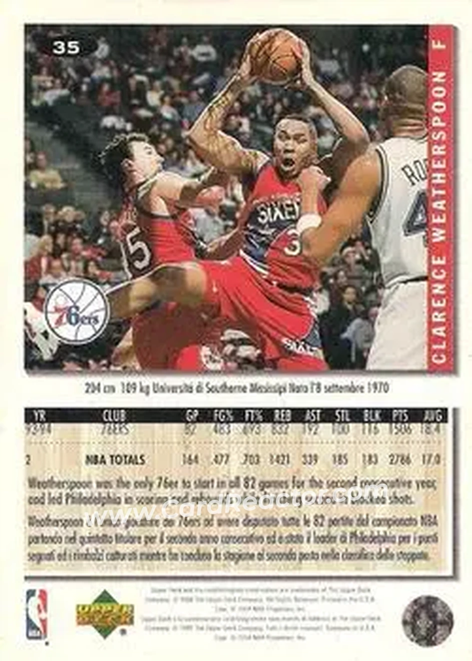 1994-95 Collector's Choice Italian #35 - Clarence Weatherspoon - Philadelphia 76ers - Back 1994-95 Collector's Choice Italian #35 - Clarence Weatherspoon - Philadelphia 76ers - Back