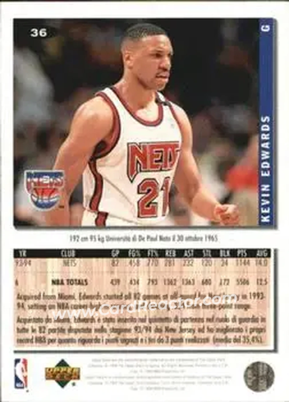 1994-95 Collector's Choice Italian #36 - Kevin Edwards - New Jersey Nets - Back