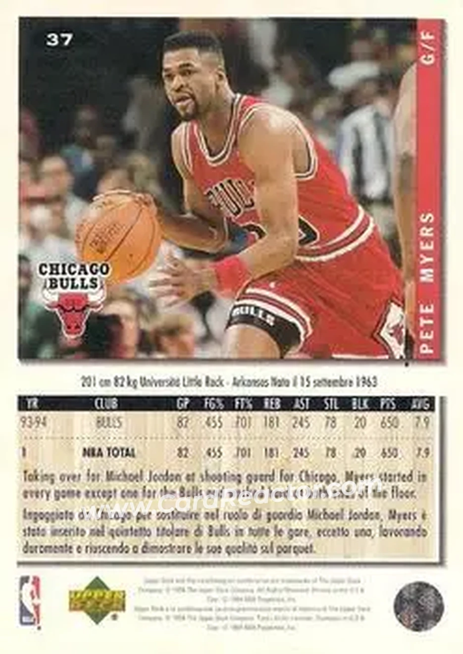 1994-95 Collector's Choice Italian #37 - Pete Myers - Chicago Bulls - Back 1994-95 Collector's Choice Italian #37 - Pete Myers - Chicago Bulls - Back