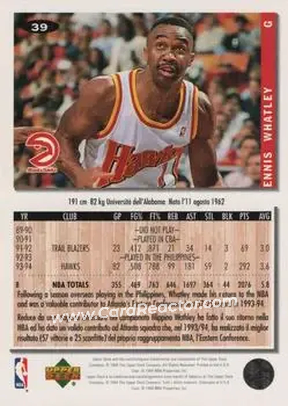 1994-95 Collector's Choice Italian #39 - Ennis Whatley - Atlanta Hawks - Back