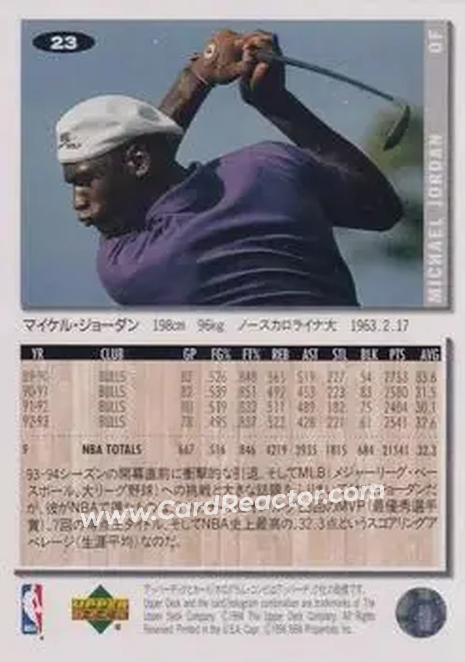 1994-95 Collector's Choice Japanese #23 - Michael Jordan - Birmingham Barons - Back