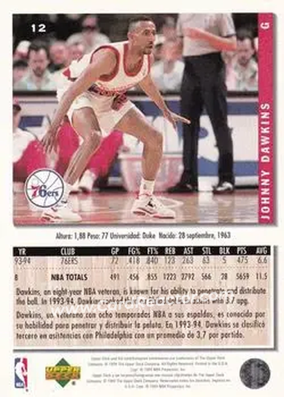 1994-95 Collector's Choice Spanish #12 - Johnny Dawkins - Philadelphia 76ers - Back