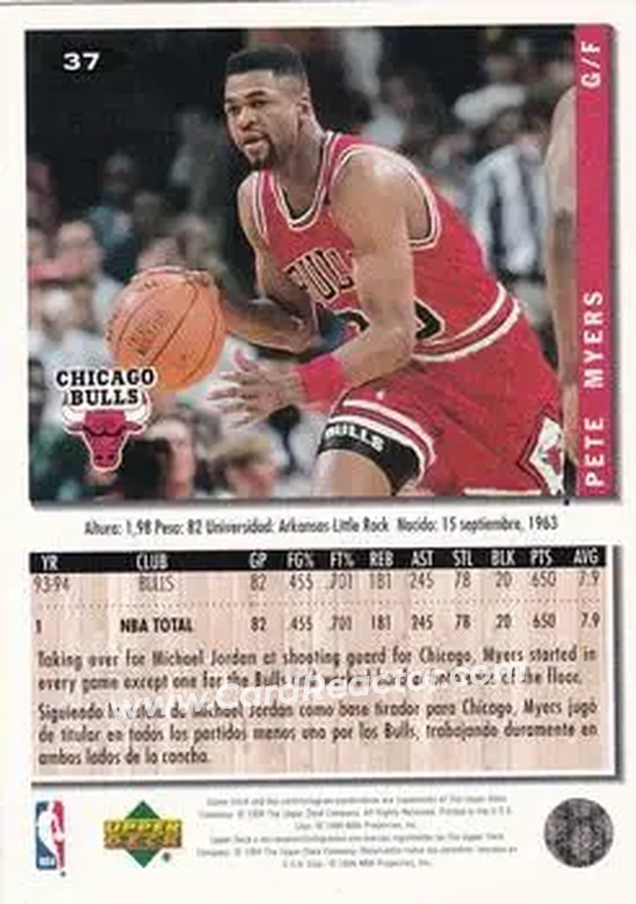 1994-95 Collector's Choice Spanish #37 - Pete Myers - Chicago Bulls - Back 1994-95 Collector's Choice Spanish #37 - Pete Myers - Chicago Bulls - Back