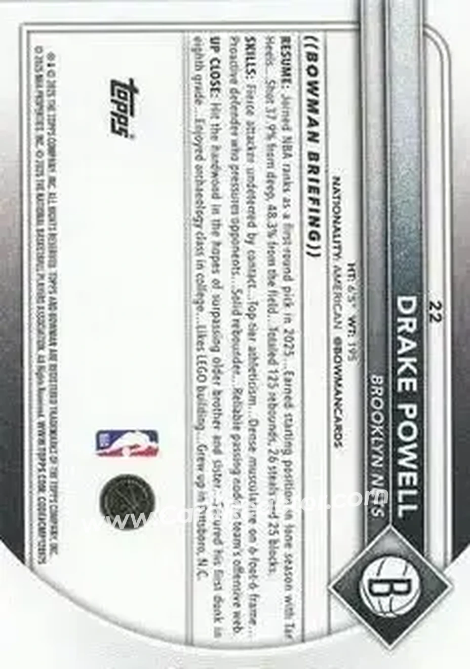 2025-26 Bowman #22 - Drake Powell - Brooklyn Nets - Back 2025-26 Bowman #22 - Drake Powell - Brooklyn Nets - Back