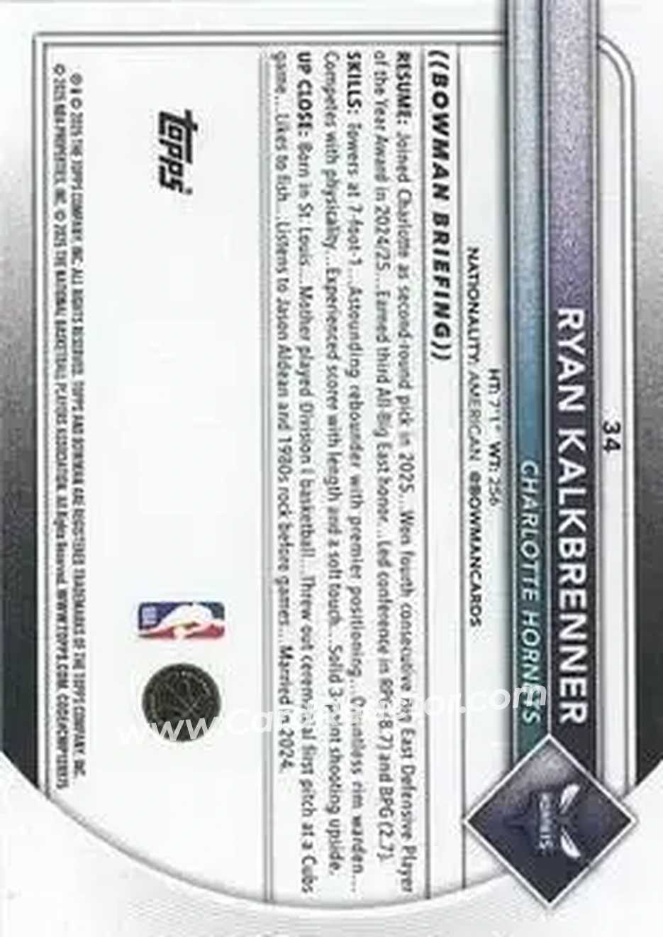2025-26 Bowman #34 - Ryan Kalkbrenner - Charlotte Hornets - Back 2025-26 Bowman #34 - Ryan Kalkbrenner - Charlotte Hornets - Back