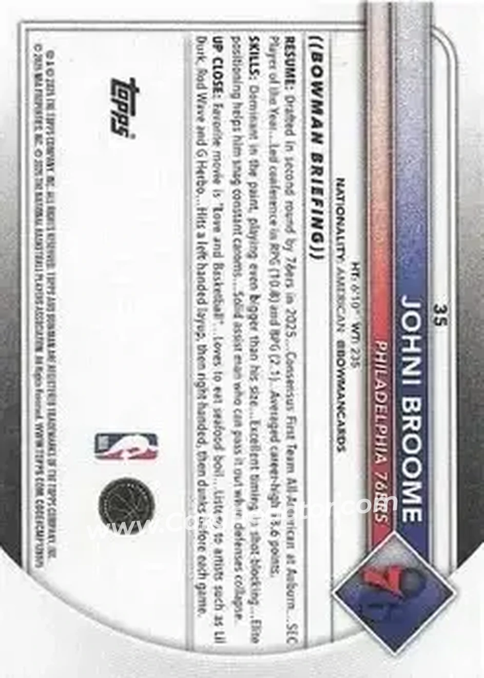 2025-26 Bowman #35 - Johni Broome - Philadelphia 76ers - Back