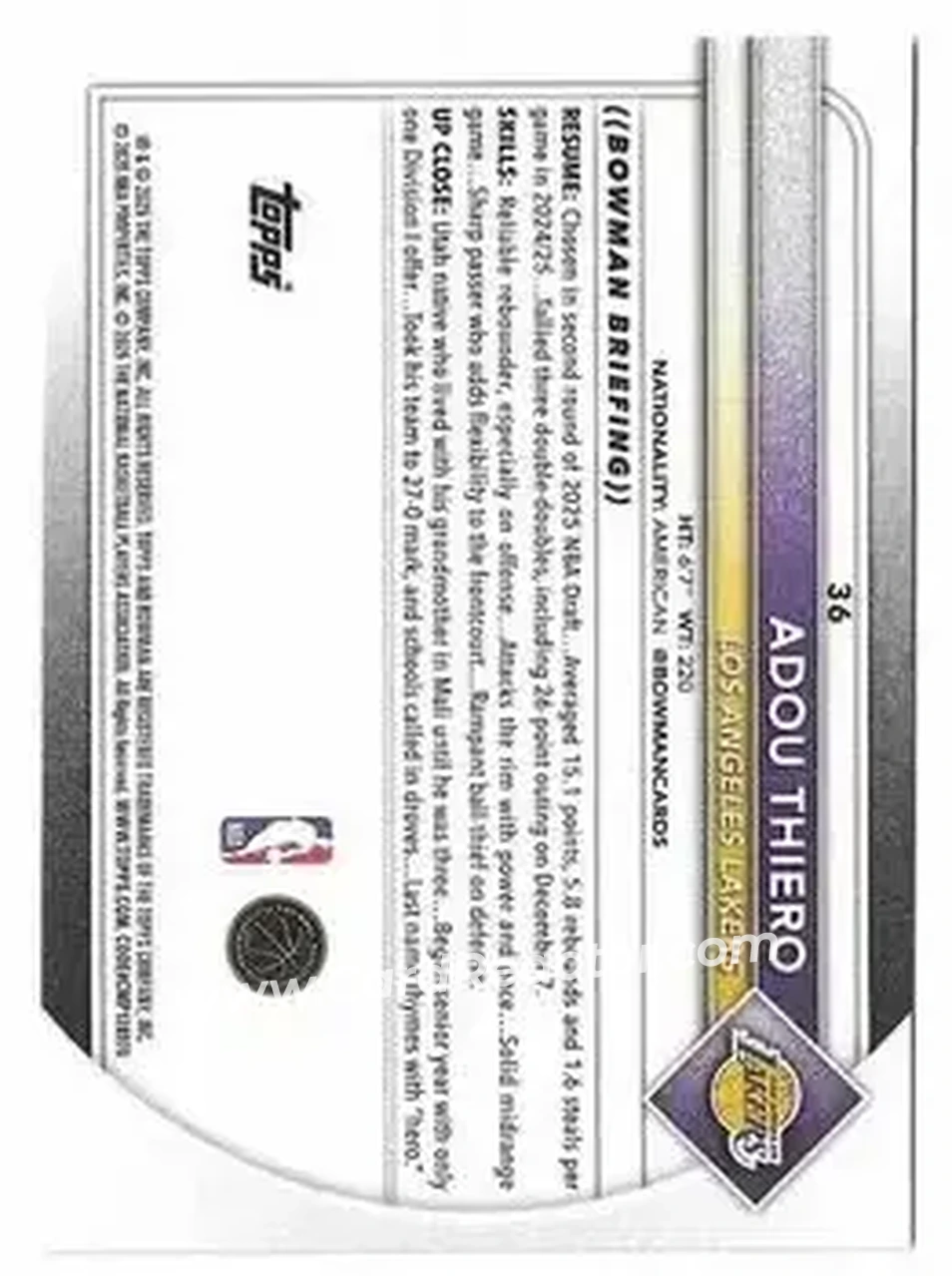 2025-26 Bowman #36 - Adou Thiero - Los Angeles Lakers - Back 2025-26 Bowman #36 - Adou Thiero - Los Angeles Lakers - Back