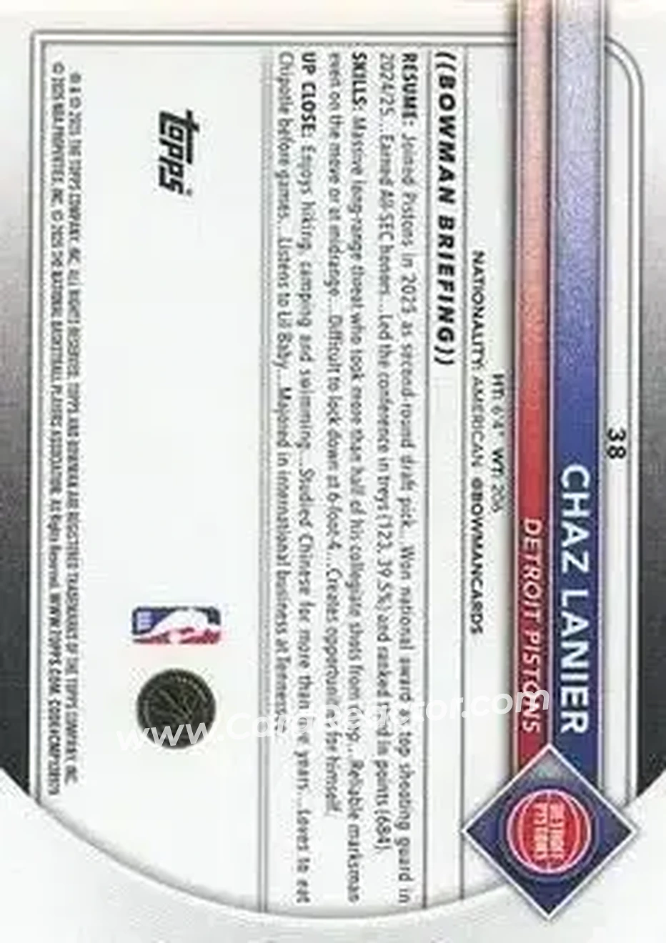 2025-26 Bowman #38 - Chaz Lanier - Detroit Pistons - Back 2025-26 Bowman #38 - Chaz Lanier - Detroit Pistons - Back
