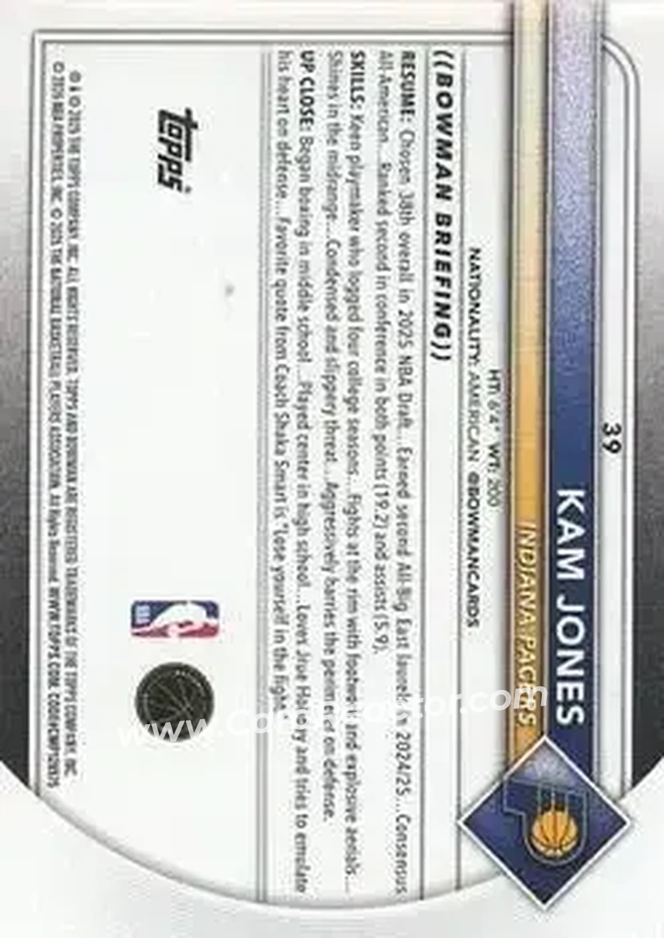 2025-26 Bowman #39 - Kam Jones - Indiana Pacers - Back 2025-26 Bowman #39 - Kam Jones - Indiana Pacers - Back