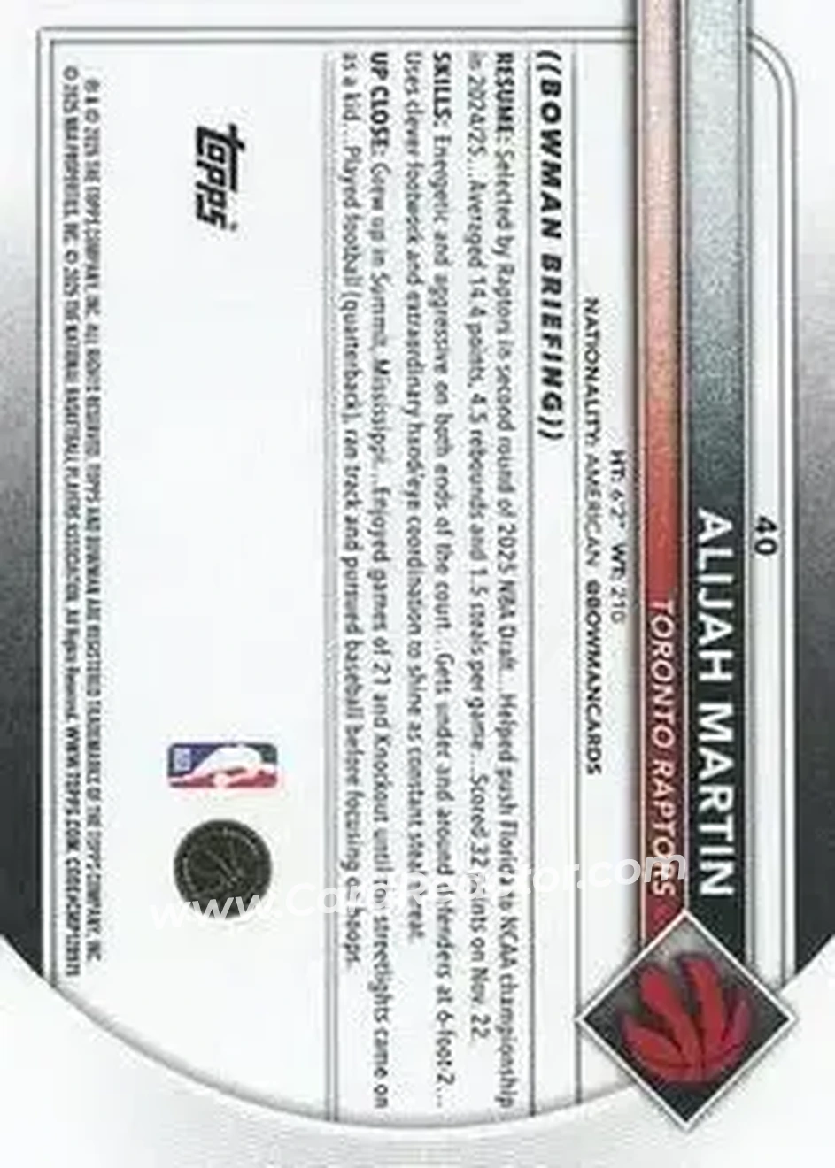 2025-26 Bowman #40 - Alijah Martin - Toronto Raptors - Back 2025-26 Bowman #40 - Alijah Martin - Toronto Raptors - Back