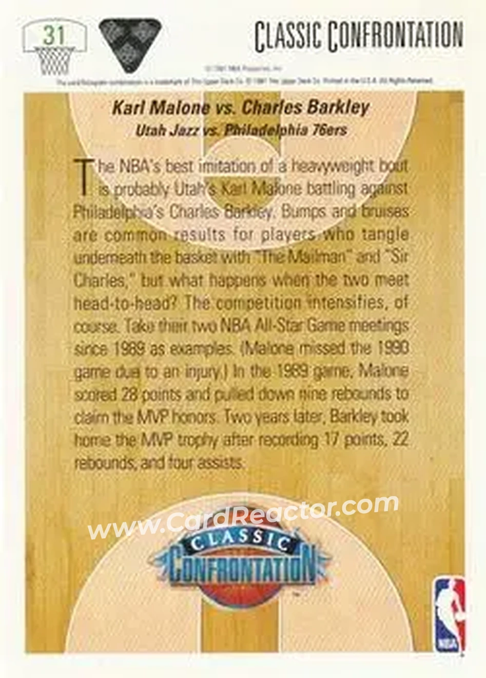1991-92 Upper Deck #31 - Malone vs. Barkley CC - Utah Jazz - Philadelphia 76ers - Back