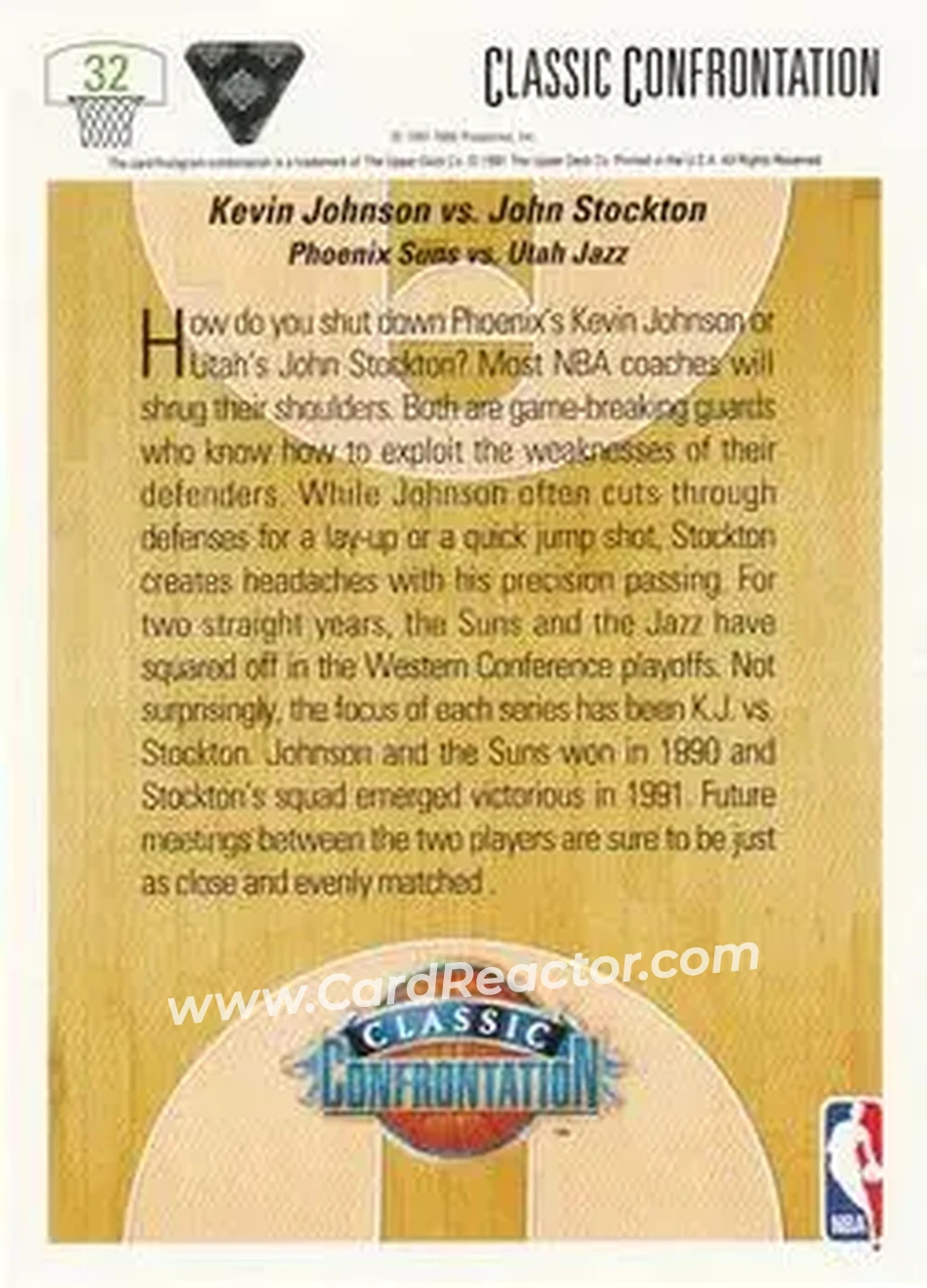 1991-92 Upper Deck #32 - K. Johnson vs. Stockton CC - Phoenix Suns - Utah Jazz - Back
