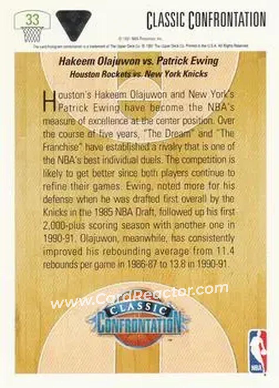 1991-92 Upper Deck #33 - Olajuwon vs. Ewing CC - Houston Rockets - New York Knicks - Back 1991-92 Upper Deck #33 - Olajuwon vs. Ewing CC - Houston Rockets - New York Knicks - Back