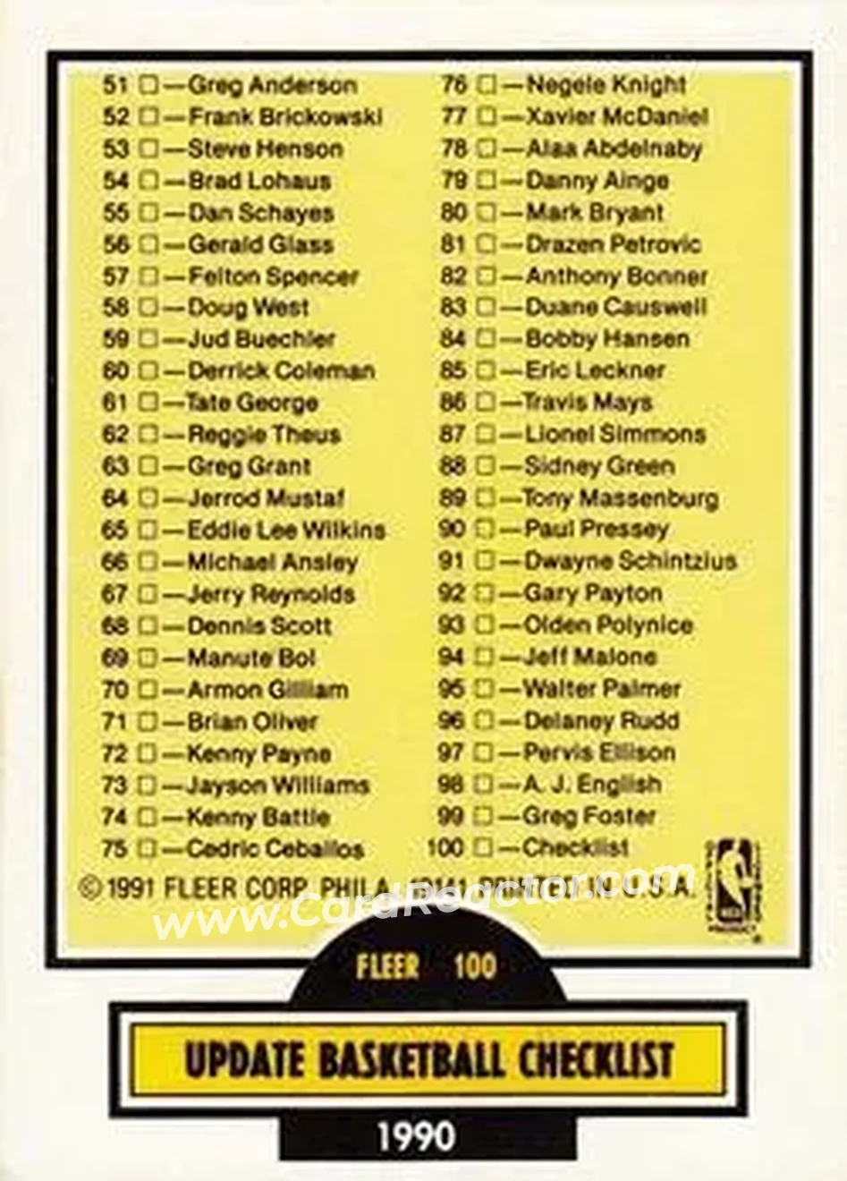 1990-91 Fleer Update #U-100 - Card #U-100 - Back