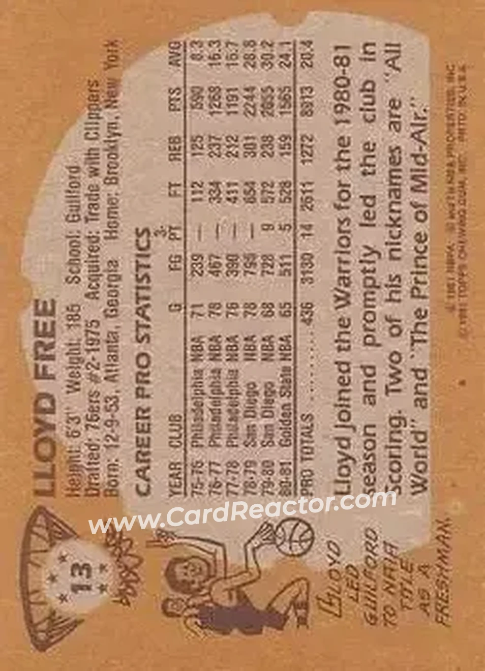 1981-82 Topps #13 - World B. Free - Golden State Warriors 1981-82 Topps #13 - World B. Free - Golden State Warriors