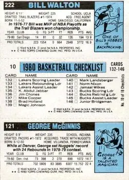 1980-81 Topps #10 / 121 / 222 - Bill Walton - Back