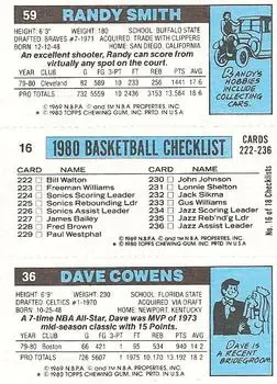 1980-81 Topps #16 / 36 / 59 - Randy Smith - Back