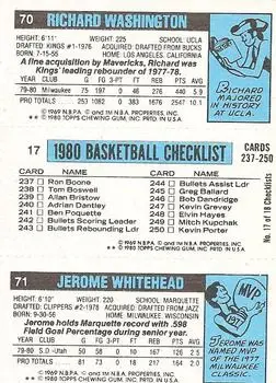 1980-81 Topps #17 / 70 / 71 - Richard Washington - Back
