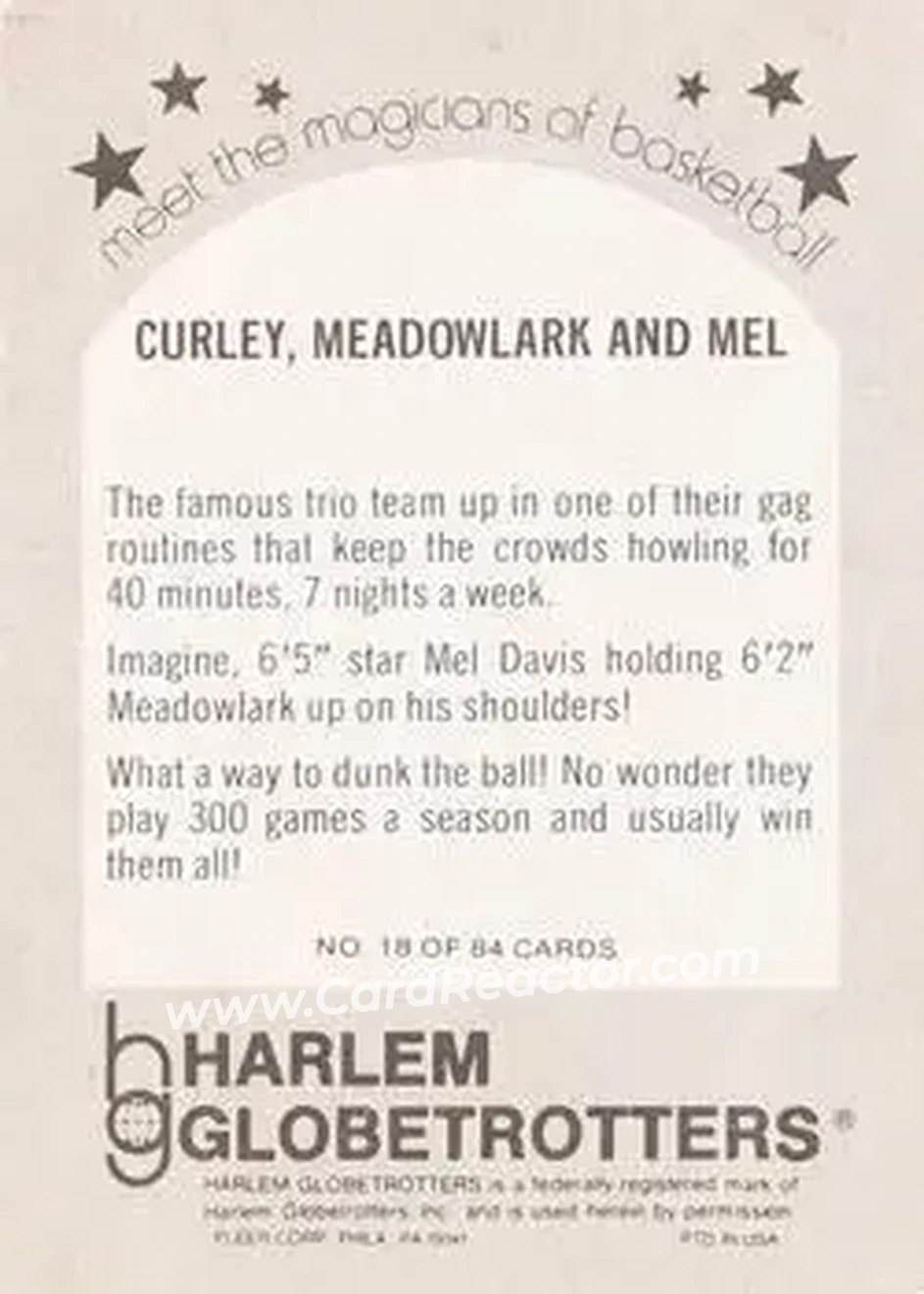 1971 Fleer Harlem Globetrotters #18 - Card #18 - Harlem Globetrotters - Back