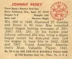 Back of Johnny Pesky