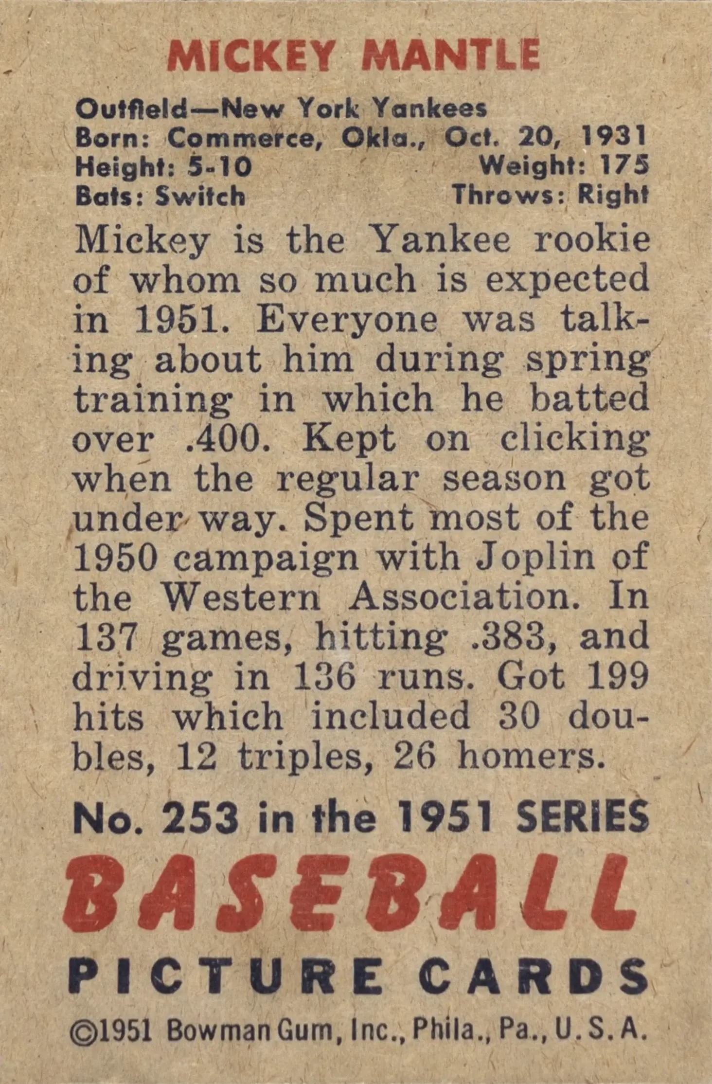 Back of Mickey Mantle